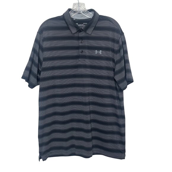 Under Armour Golf Polo Shirt Mens Large Black Gray Striped Loose Fit HeatGear - Picture 1 of 6